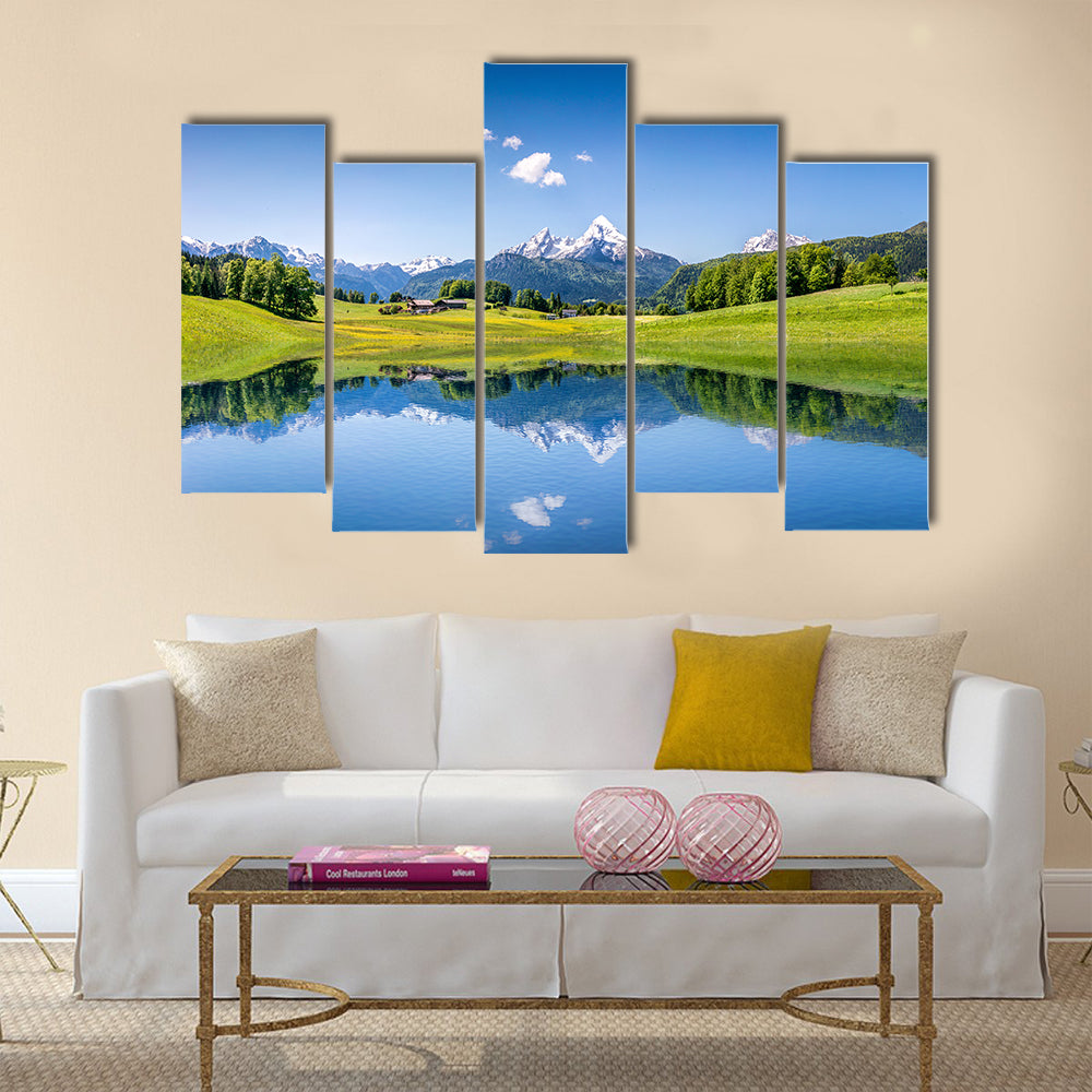 Idyllic summer landscape with clear mountain lake multi panel canvas wall art