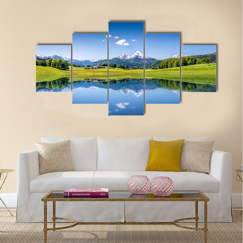 Idyllic summer landscape with clear mountain lake multi panel canvas wall art