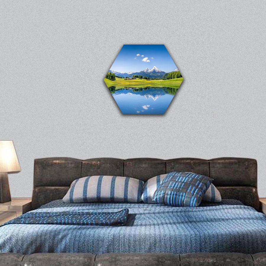 Landscape with clear mountain lake in the Alps hexagonal canvas wall art