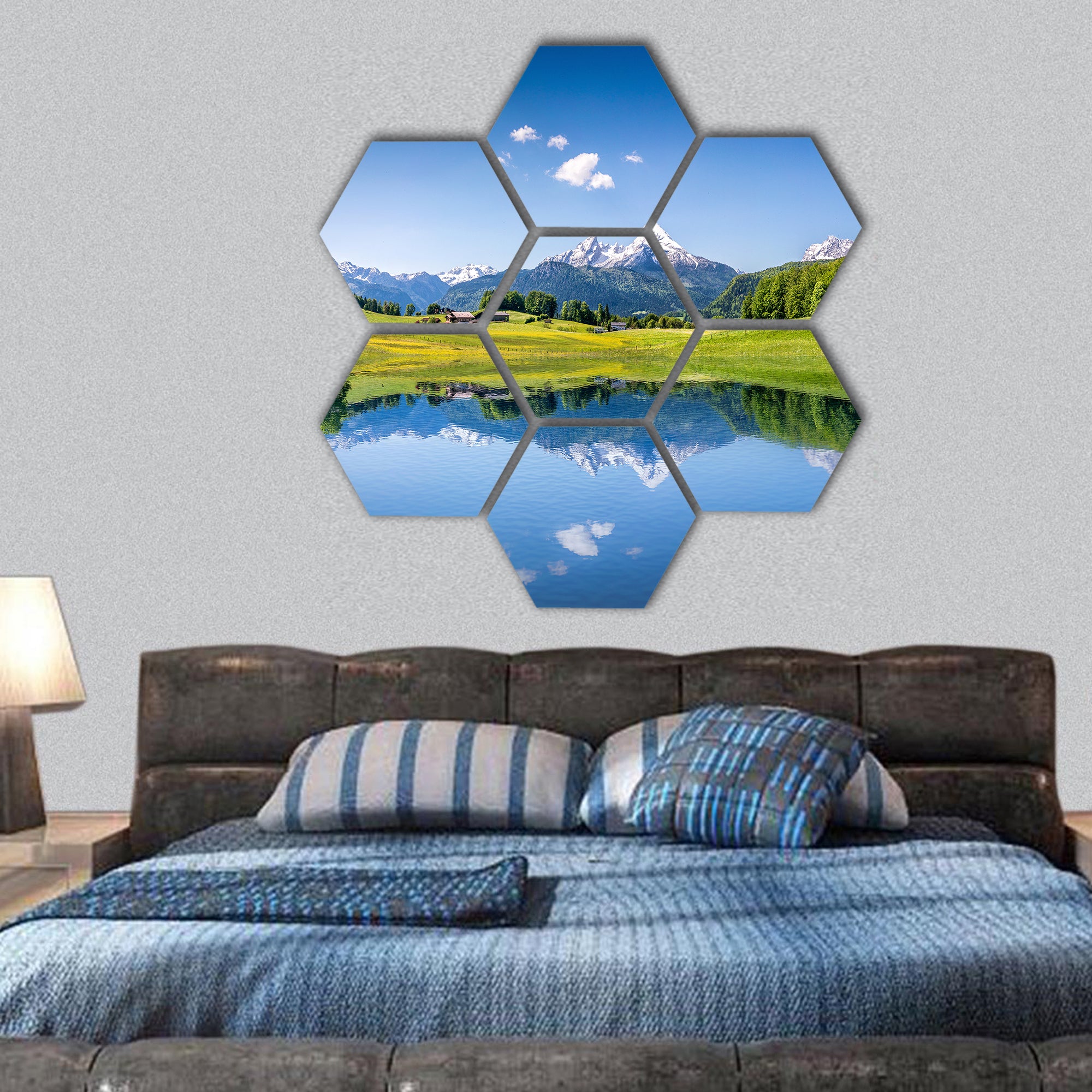 Landscape with clear mountain lake in the Alps hexagonal canvas wall art