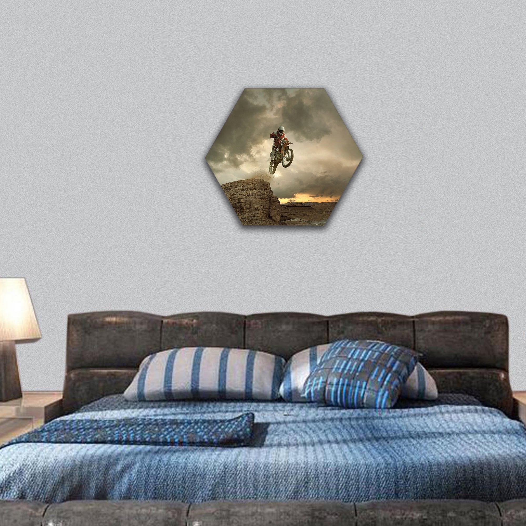 biker making a stunt and jumps in the air hexagonal canvas wall art