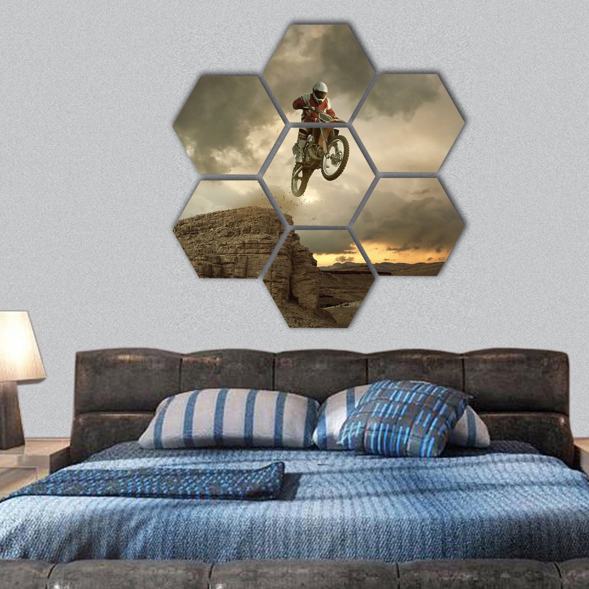 biker making a stunt and jumps in the air hexagonal canvas wall art