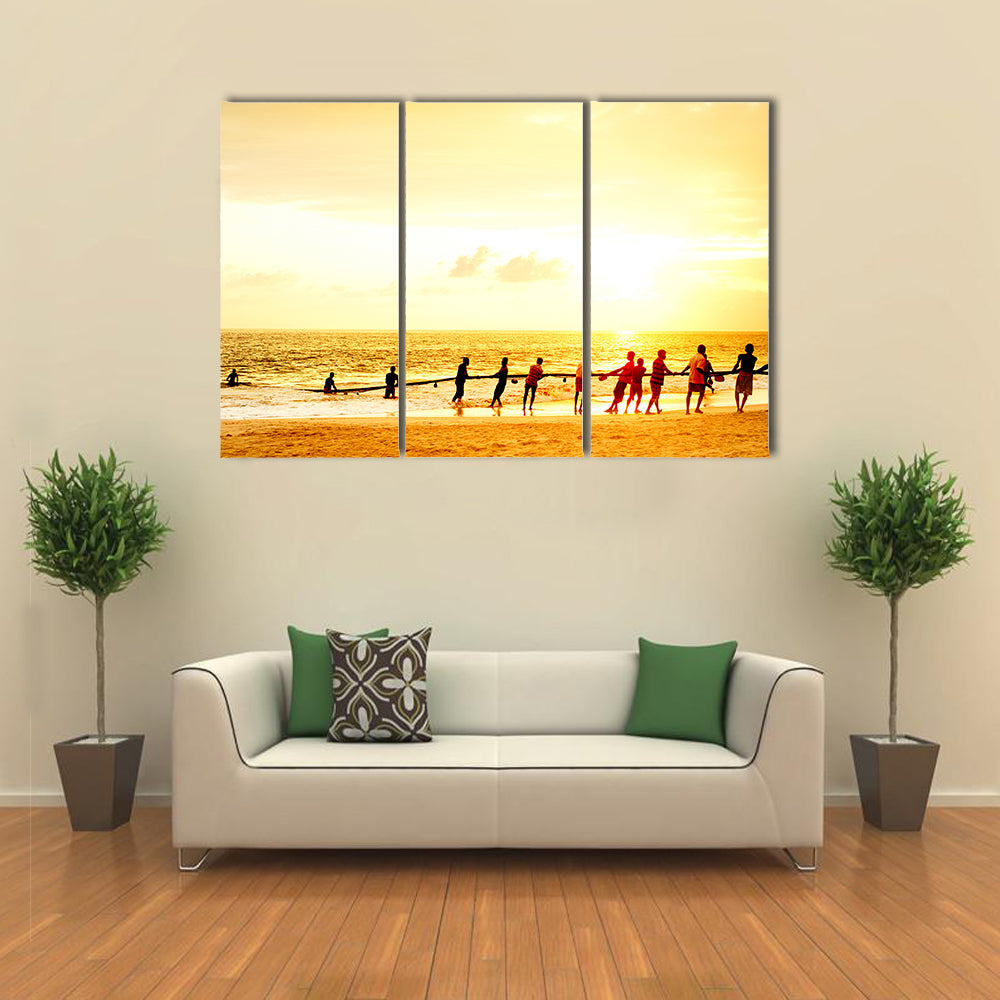 Local Fishermen Pull Net From The Ocean In Hikkaduwa, Sri Lanka Multi Panel Canvas Wall Art