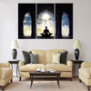 Meditating in old temple sunset sky with light hole in the clouds board Multi panel canvas wall art