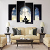 Meditating in old temple sunset sky with light hole in the clouds board Multi panel canvas wall art