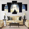 Meditating in old temple sunset sky with light hole in the clouds board Multi panel canvas wall art