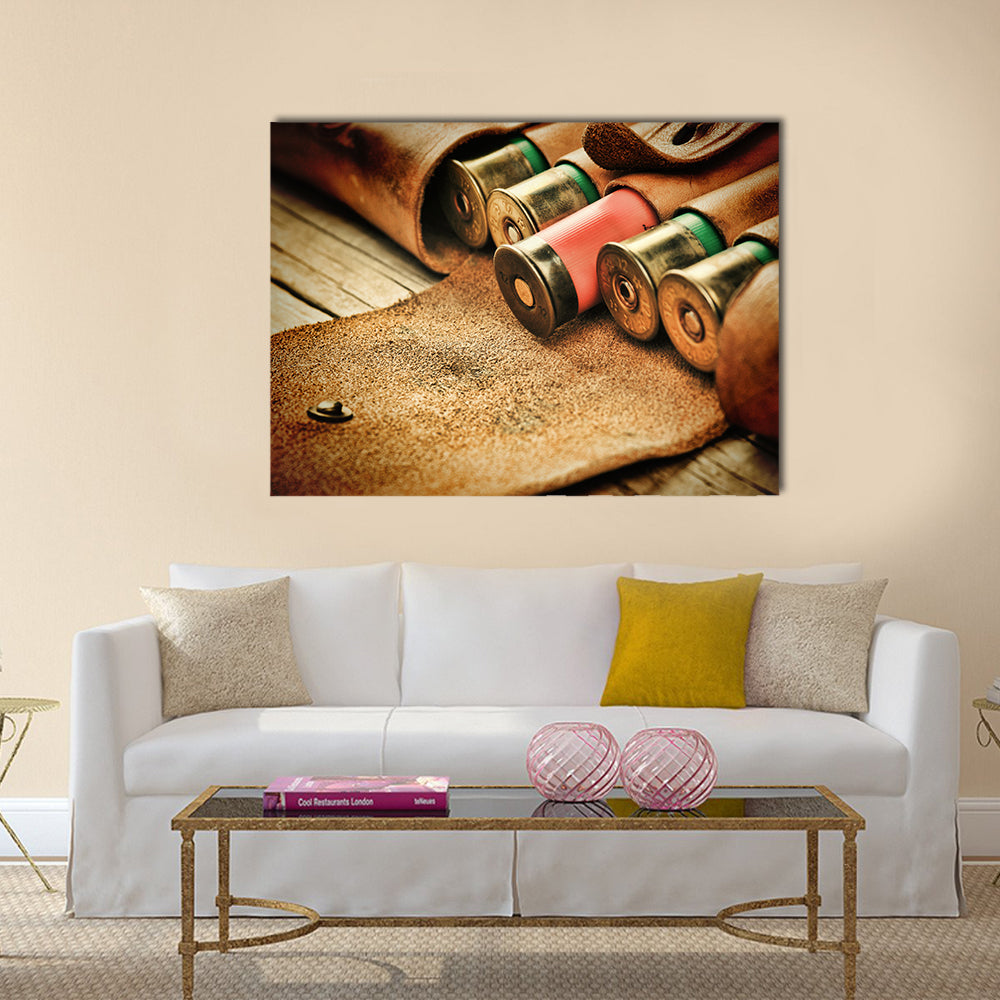 Old hunting cartridges and bandoleer multi panel canvas wall art