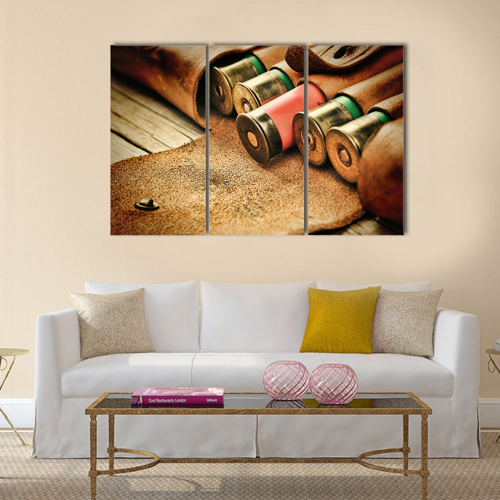 Old hunting cartridges and bandoleer multi panel canvas wall art