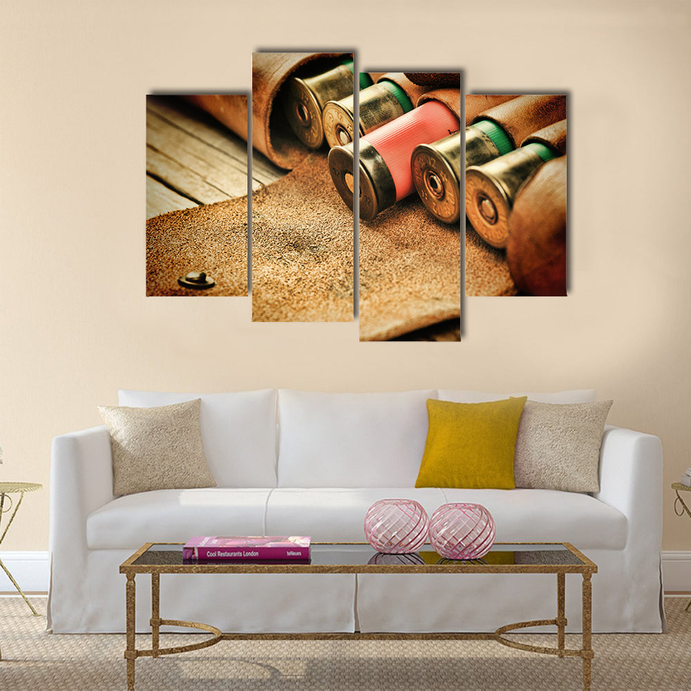 Old hunting cartridges and bandoleer multi panel canvas wall art