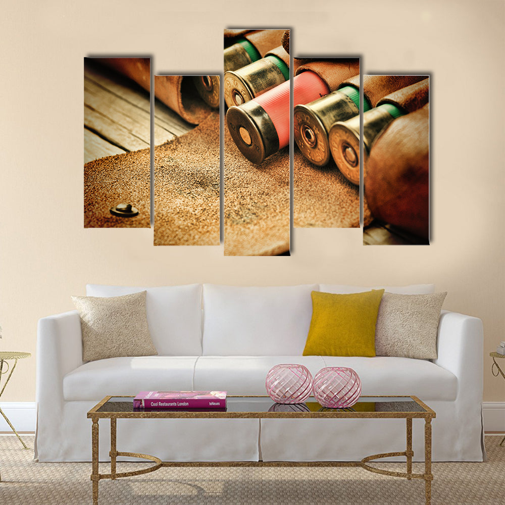 Old hunting cartridges and bandoleer multi panel canvas wall art