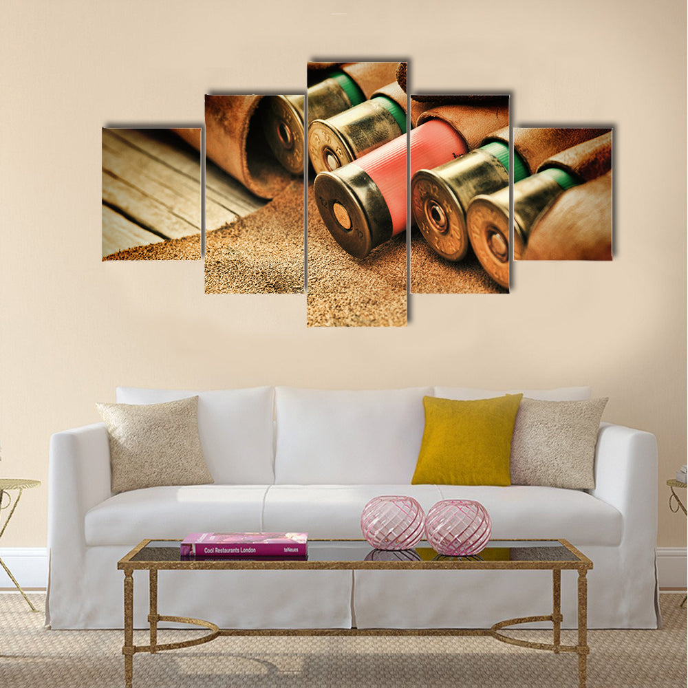 Old hunting cartridges and bandoleer multi panel canvas wall art