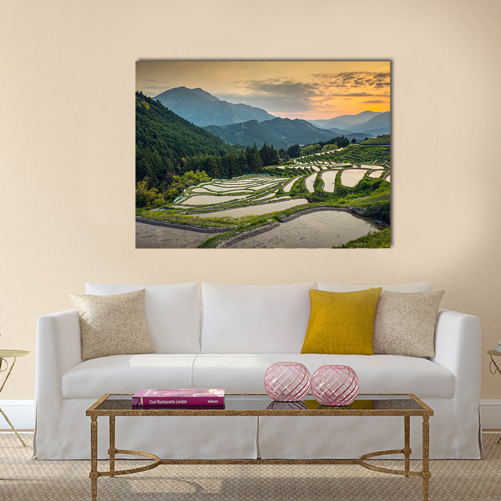 Japanese rice terraces at sunset, Maruyama-senmaida, Kumano, Japan Multi Panel Canvas Wall Art
