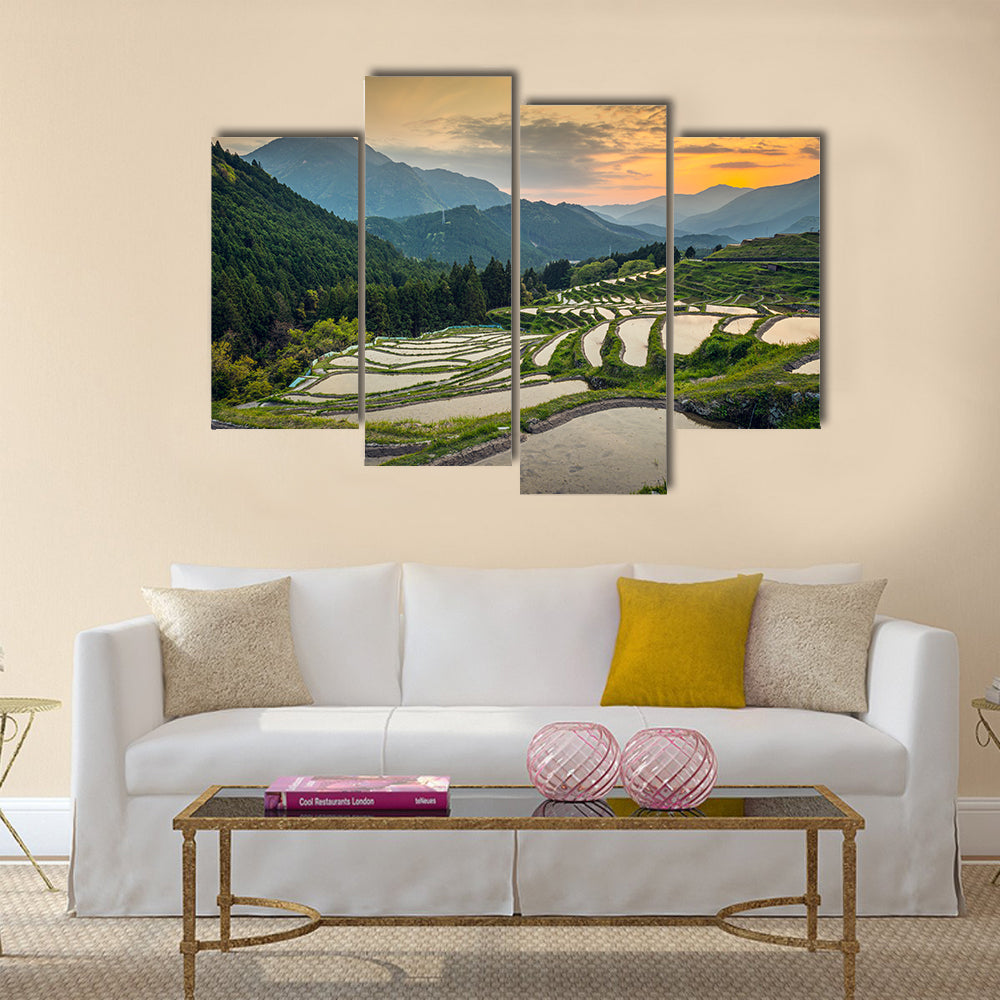 Japanese rice terraces at sunset, Maruyama-senmaida, Kumano, Japan Multi Panel Canvas Wall Art