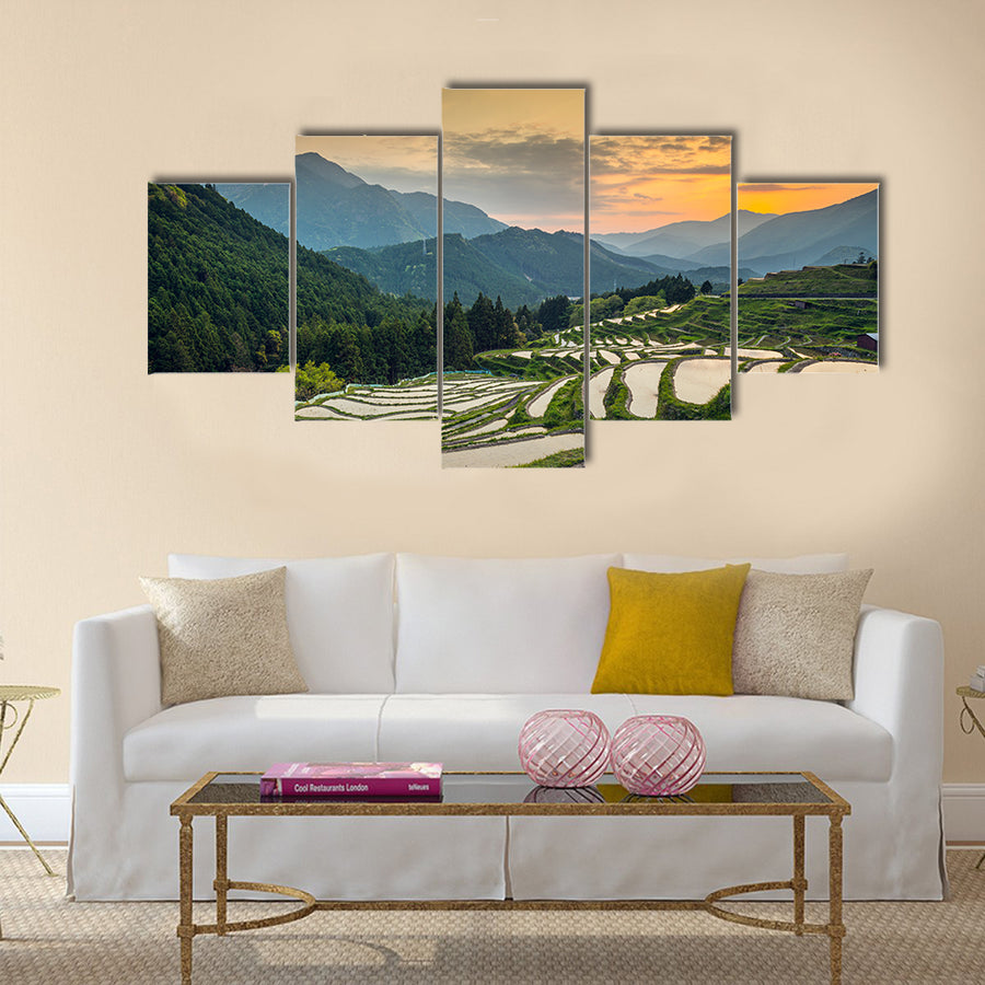 Japanese rice terraces at sunset, Maruyama-senmaida, Kumano, Japan Multi Panel Canvas Wall Art