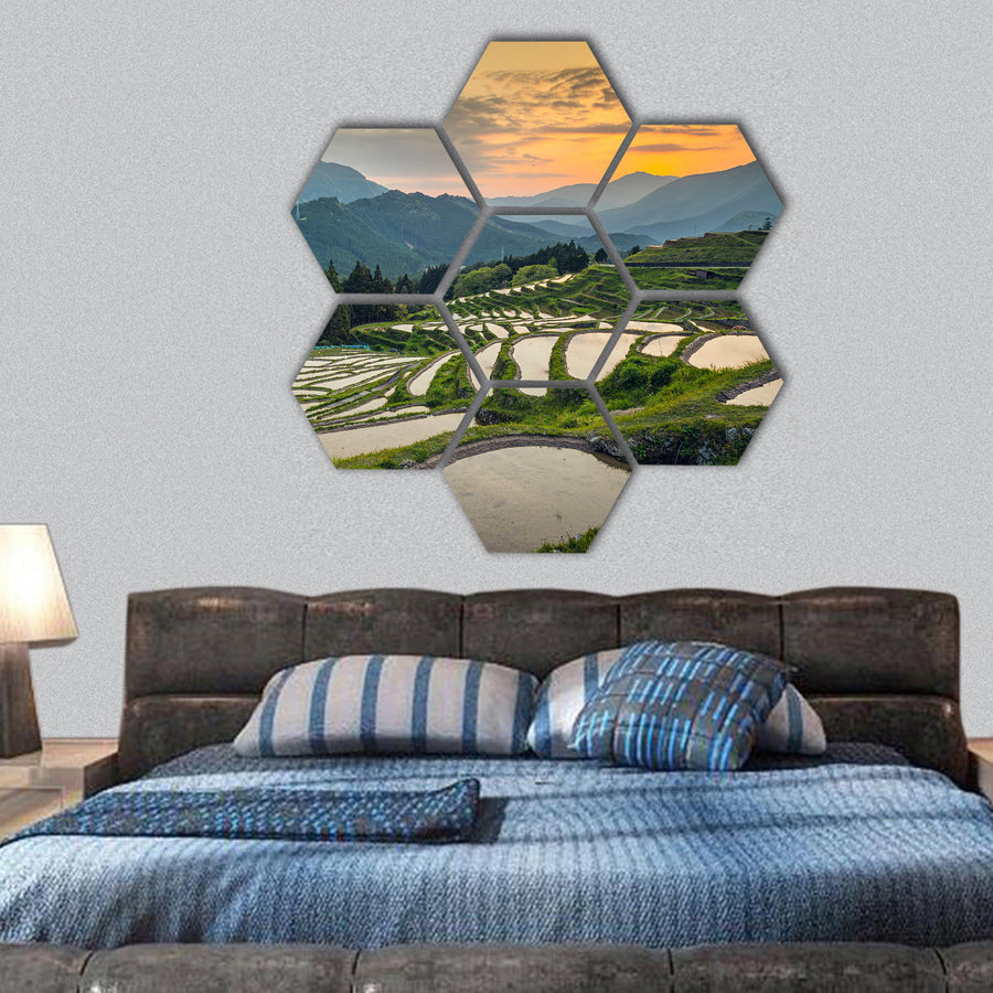 Japanese rice terraces at sunset, Kumano hexagonal canvas wall art