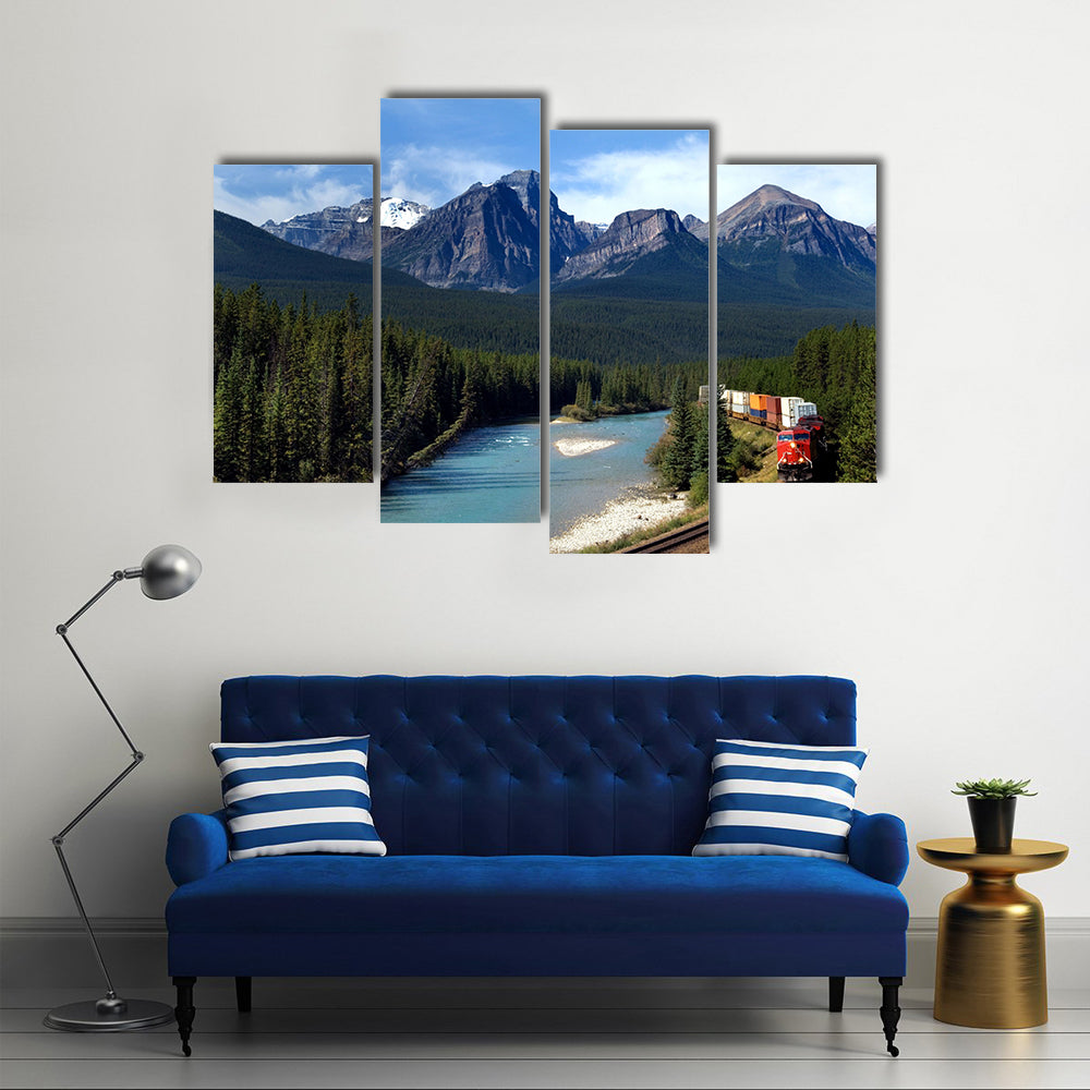 Freight train moving along Bow river in Canadian Rockies Multi panel canvas wall art