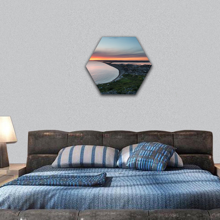 Sunset over Chesil Beach hexagonal canvas wall art