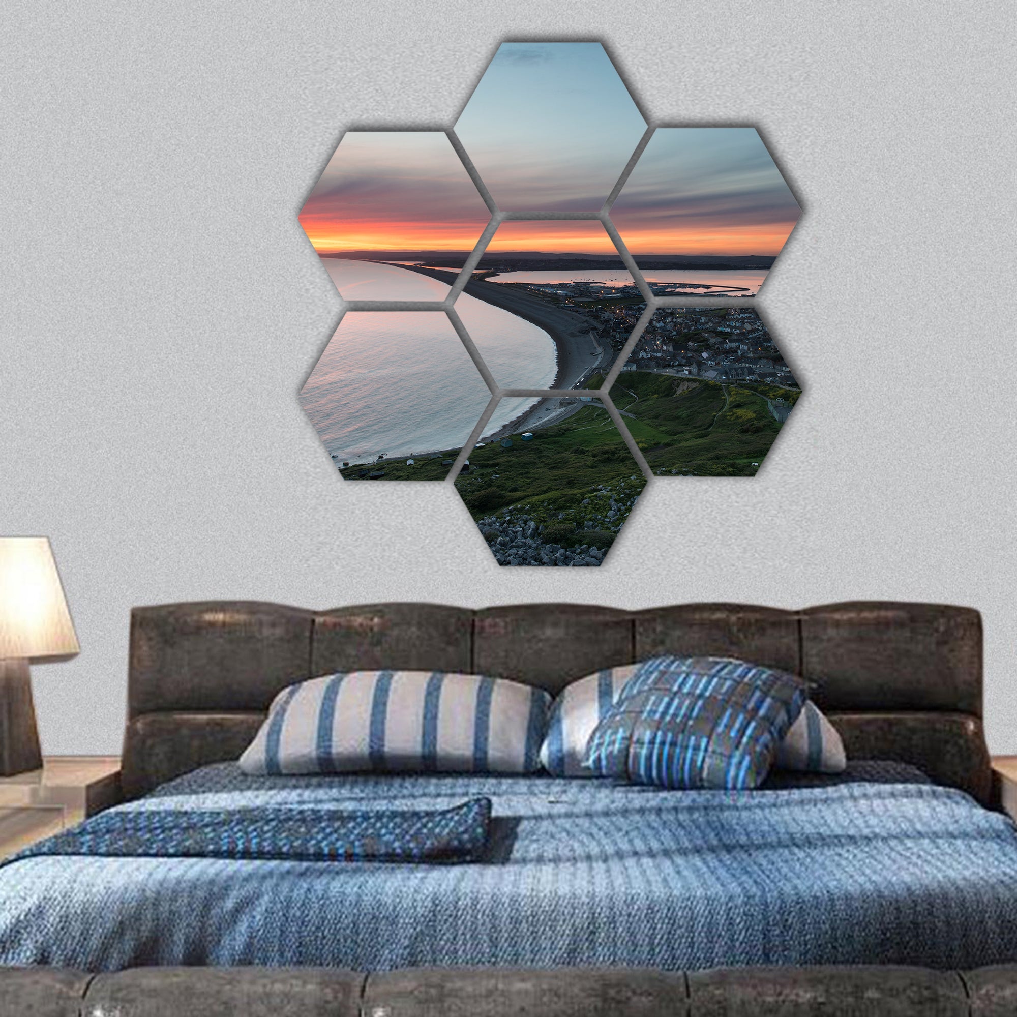 Sunset over Chesil Beach hexagonal canvas wall art