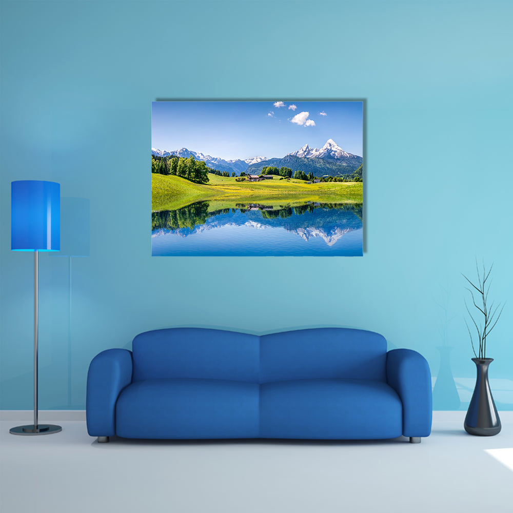 Idyllic summer landscape with clear mountain lake in the Alps multi panel canvas wall art