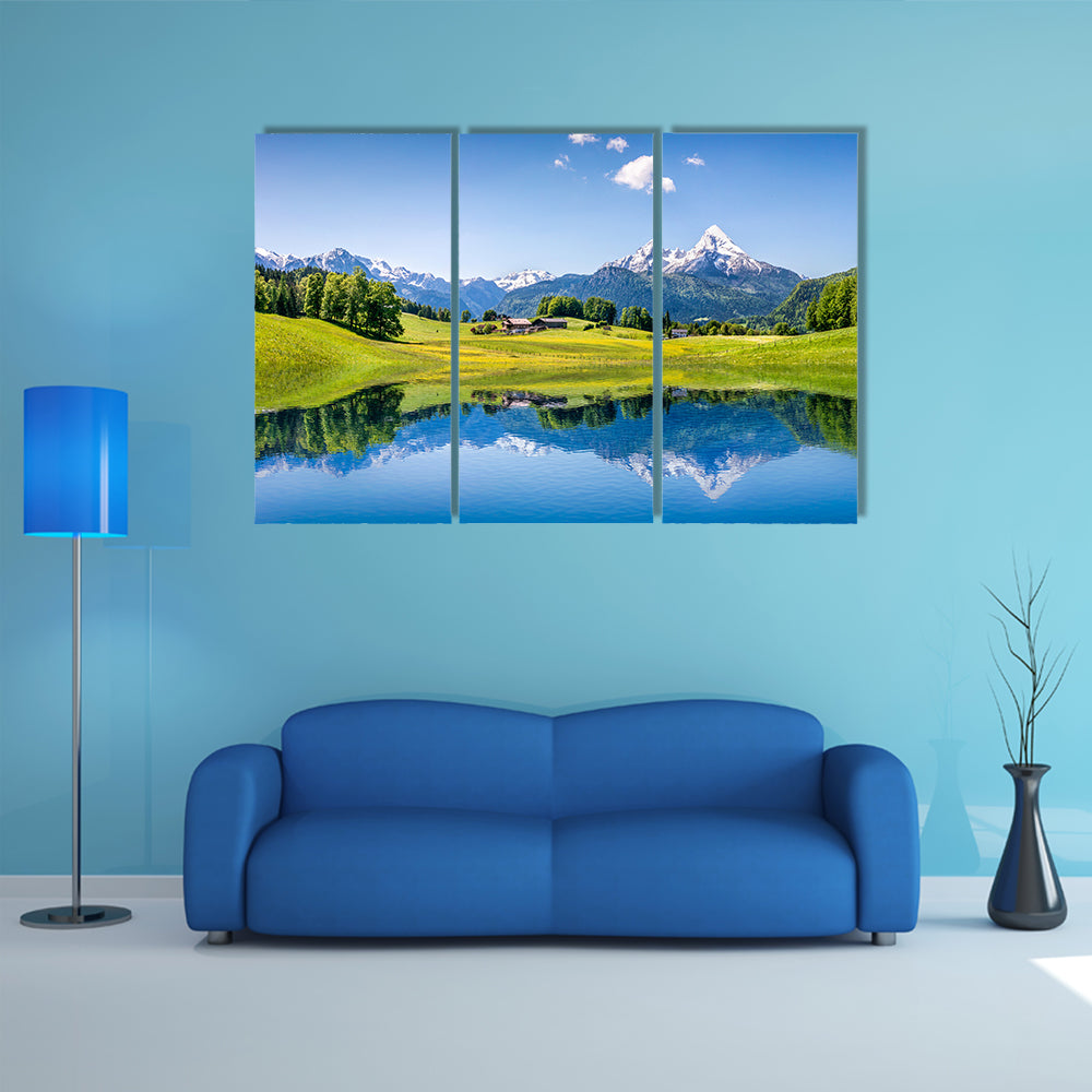 Idyllic summer landscape with clear mountain lake in the Alps multi panel canvas wall art
