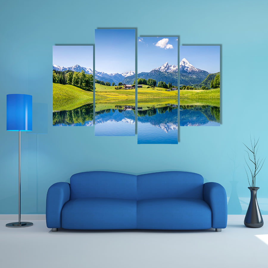 Idyllic summer landscape with clear mountain lake in the Alps multi panel canvas wall art