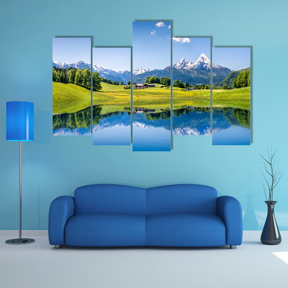 Idyllic summer landscape with clear mountain lake in the Alps multi panel canvas wall art