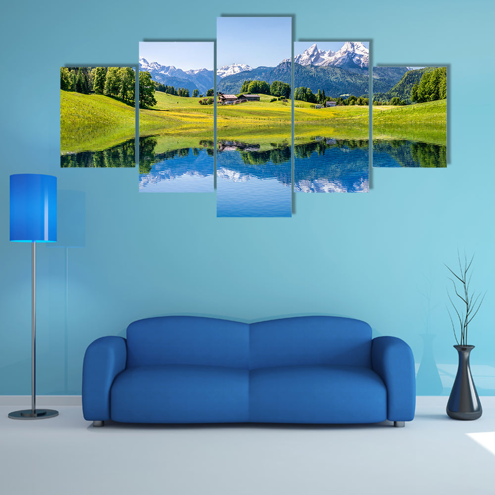 Idyllic summer landscape with clear mountain lake in the Alps multi panel canvas wall art