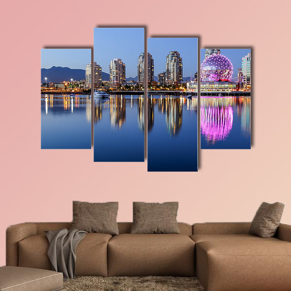 A beautiful clear summer night in Vancouver, BC features a pink glowing wall art