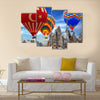 Hot air balloon turkey flag flying mountain valley Cappadocia Turkey, multi panel canvas wall art