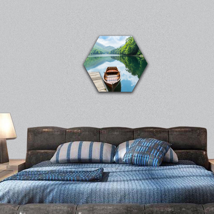 Wooden boat at Biograd lake, Montenegro hexagonal canvas wall art