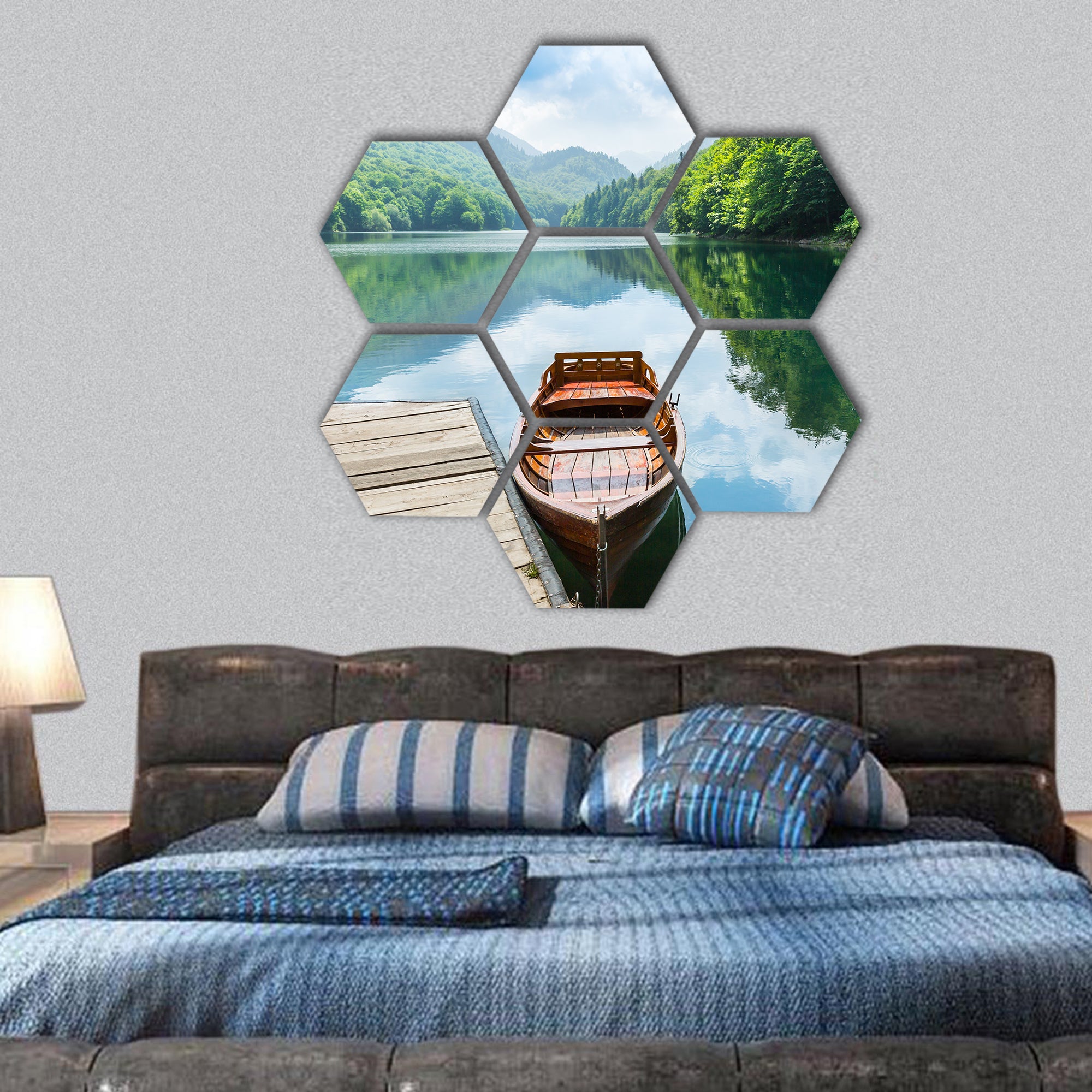 Wooden boat at Biograd lake, Montenegro hexagonal canvas wall art