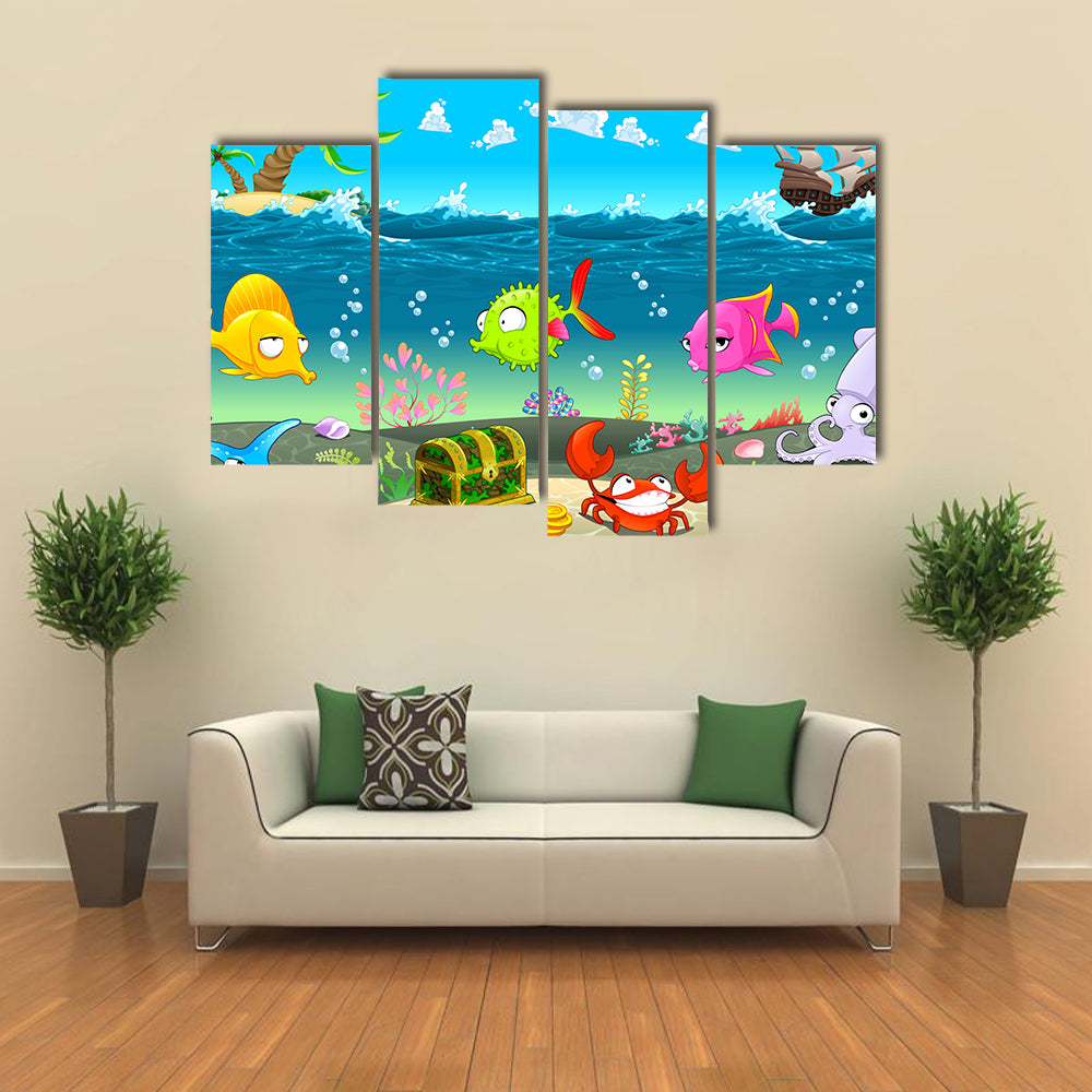 Funny Scene Under The Sea Vector cartoon Illustration Multi Panel Canvas Wall Art