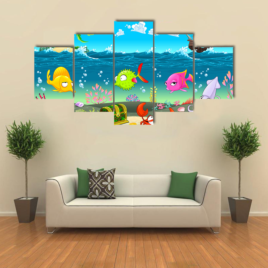 Funny Scene Under The Sea Vector cartoon Illustration Multi Panel Canvas Wall Art