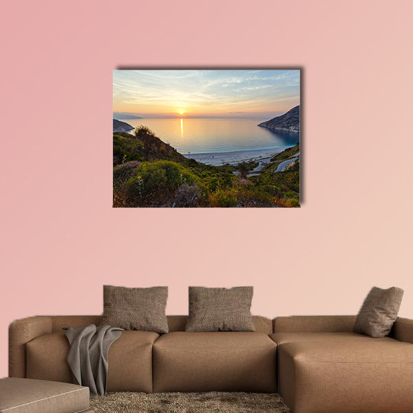 The sea sunset view of Myrtos Beach multi panel canvas wall art