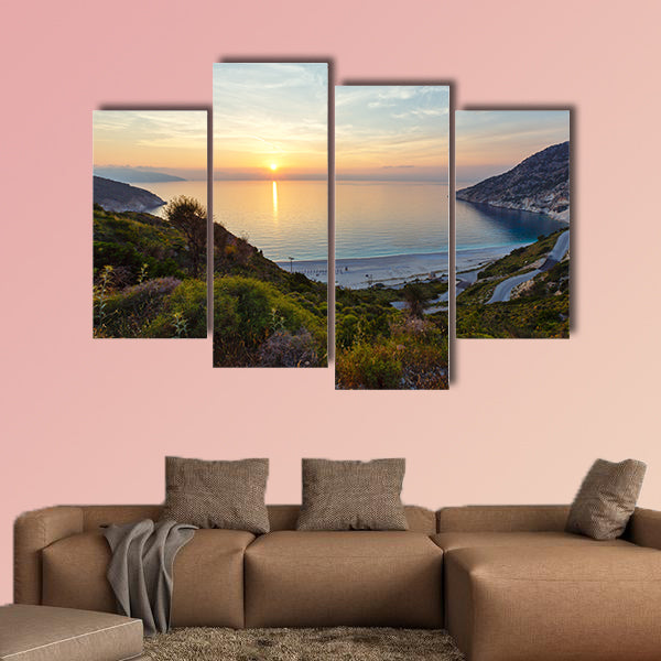 The sea sunset view of Myrtos Beach multi panel canvas wall art