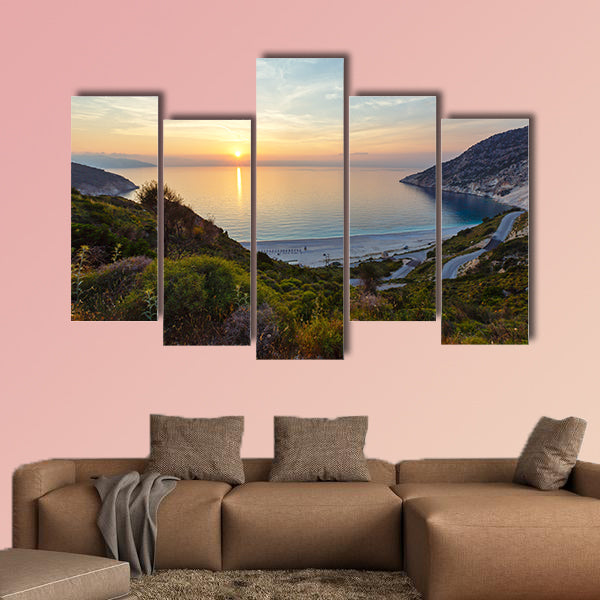 The sea sunset view of Myrtos Beach multi panel canvas wall art