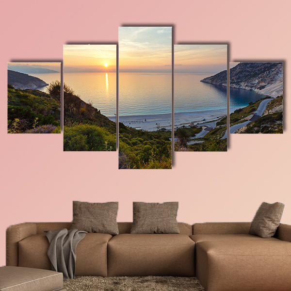 The sea sunset view of Myrtos Beach multi panel canvas wall art