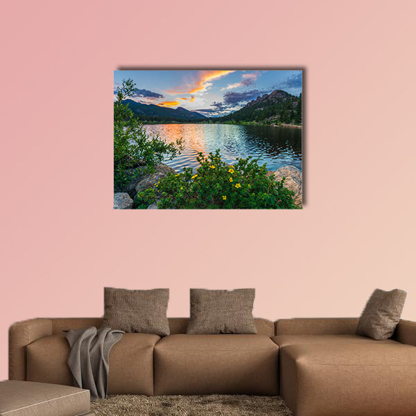 Beautiful sunset sky over Lily Lake, Rocky Mountain multi panel canvas wall art