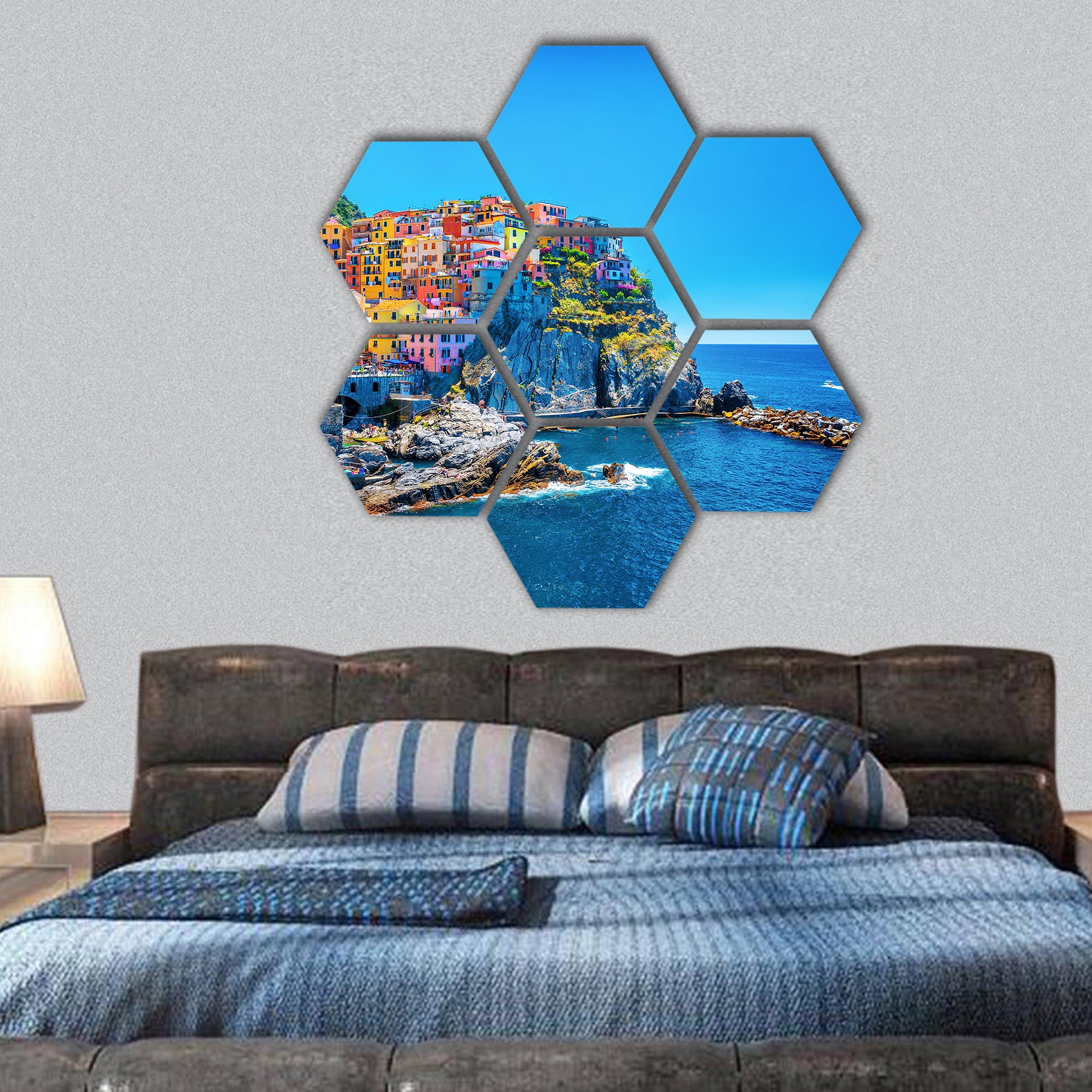 Cityscape on the mountains over sea, Europe hexagonal canvas wall art