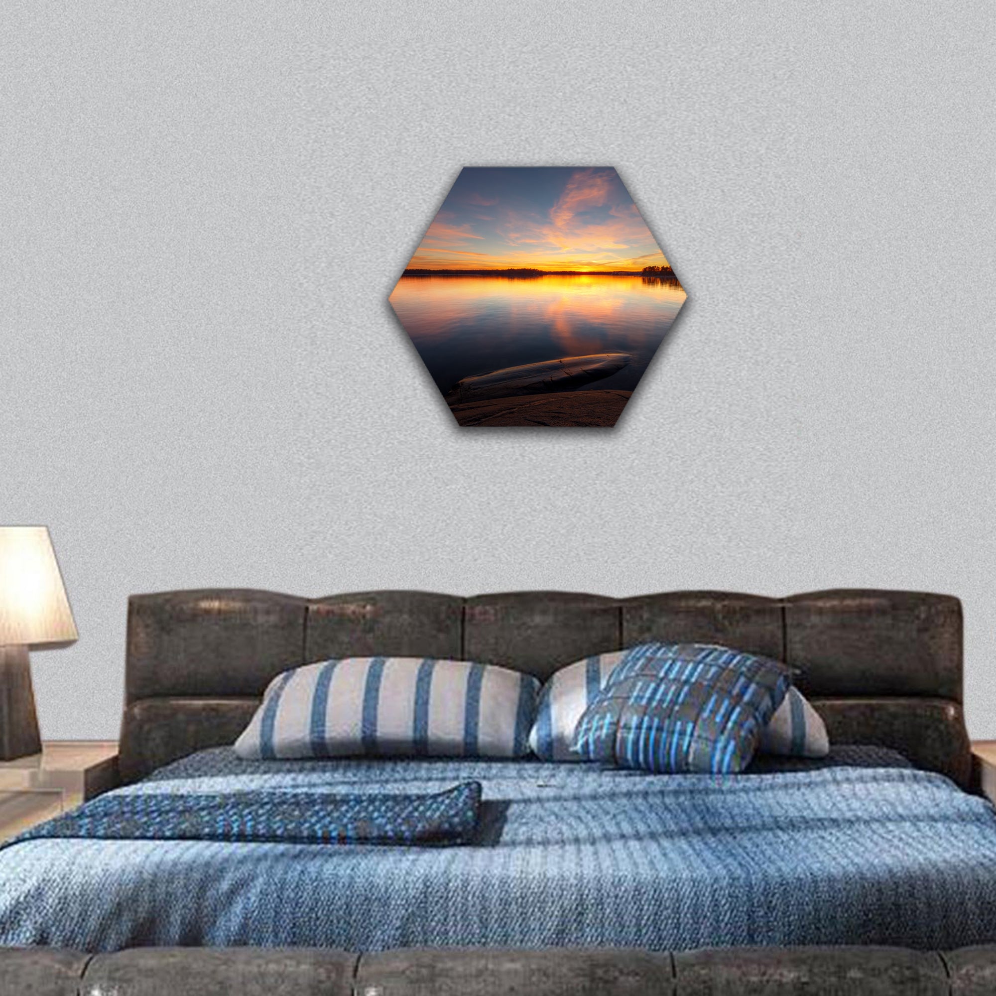 Sea water with sunrise in coast of Helsinki hexagonal canvas wall art
