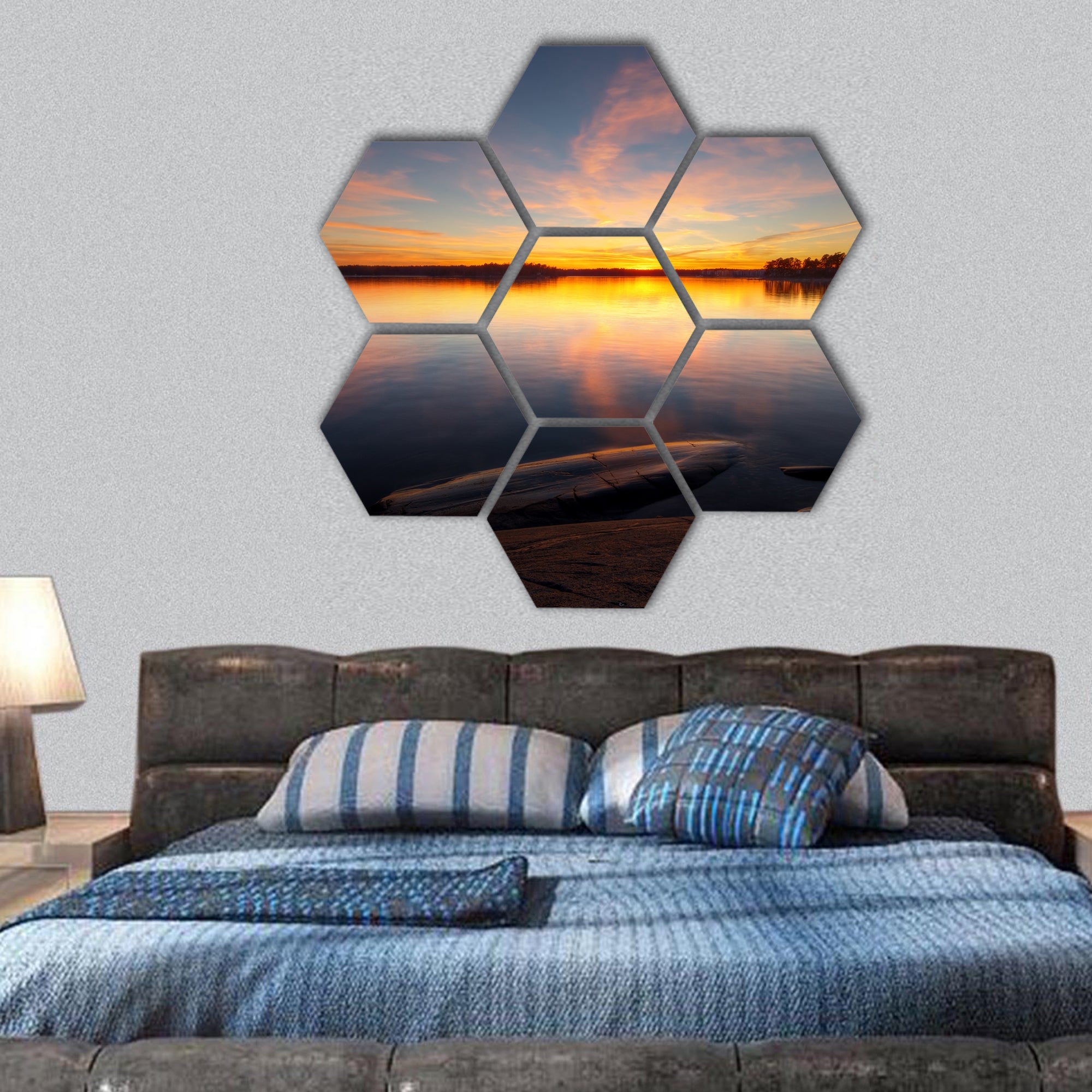 Sea water with sunrise in coast of Helsinki hexagonal canvas wall art