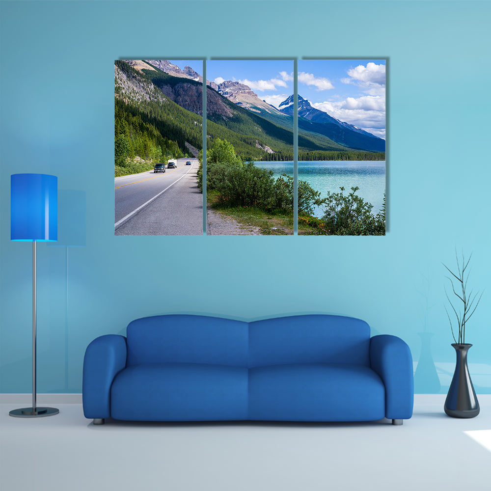 Travelers along the ice field parkway, at Waterfowl Lake, Banff national park, Banff, Alberta, Canada multi panel canvas wall art