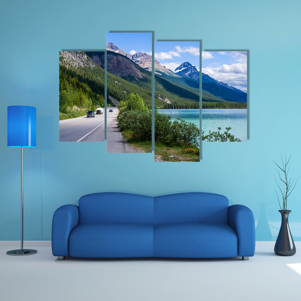Travelers along the ice field parkway, at Waterfowl Lake, Banff national park, Banff, Alberta, Canada multi panel canvas wall art