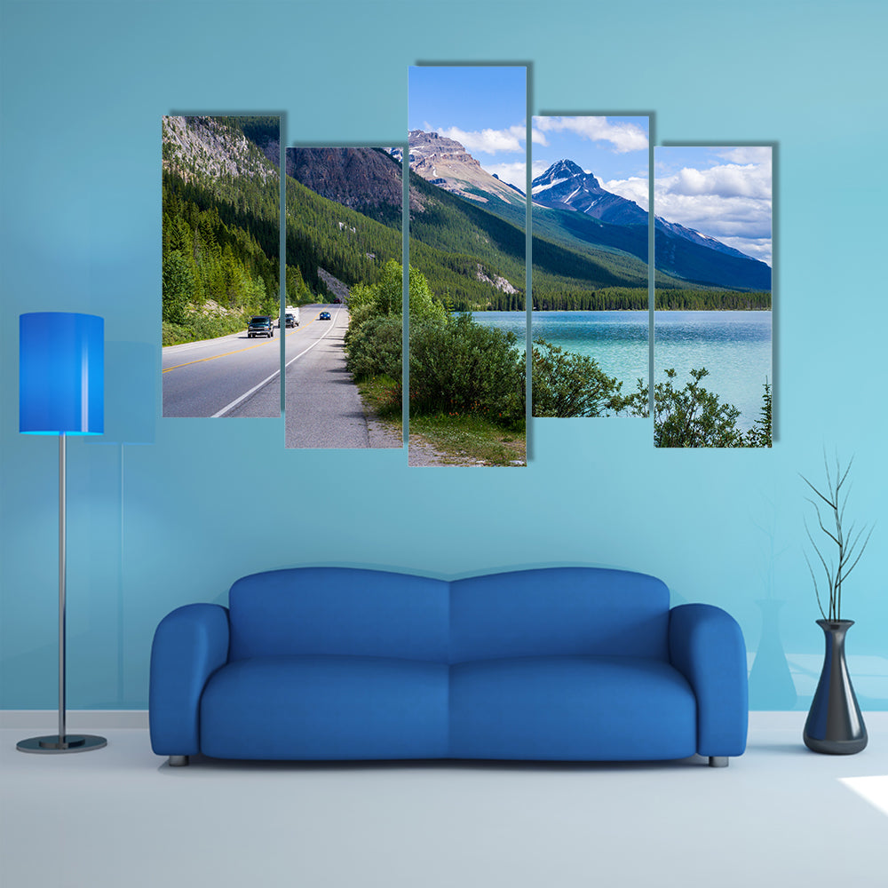 Travelers along the ice field parkway, at Waterfowl Lake, Banff national park, Banff, Alberta, Canada multi panel canvas wall art