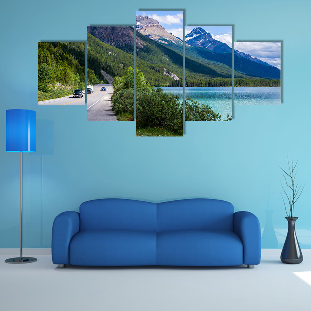 Travelers along the ice field parkway, at Waterfowl Lake, Banff national park, Banff, Alberta, Canada multi panel canvas wall art