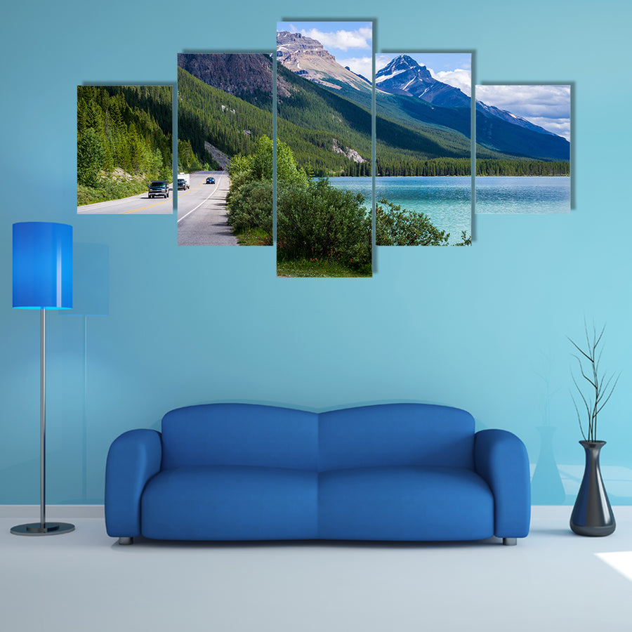 Travelers along the ice field parkway, at Waterfowl Lake, Banff national park, Banff, Alberta, Canada multi panel canvas wall art