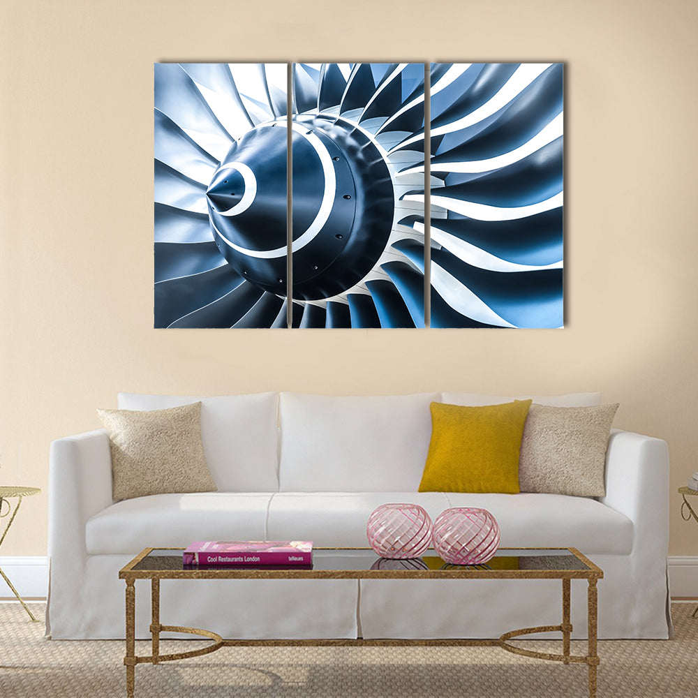 Blue tone jet engine blades closeup multi panel canvas wall art