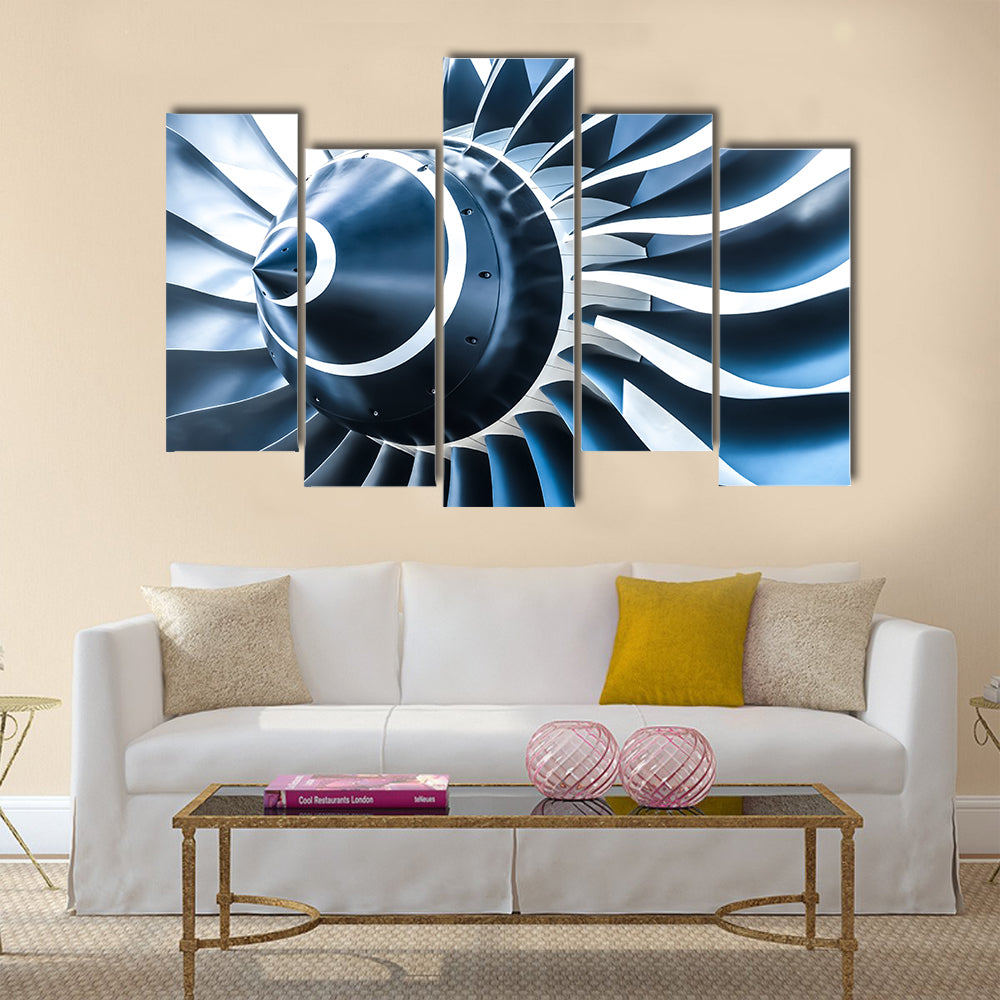 Blue tone jet engine blades closeup multi panel canvas wall art