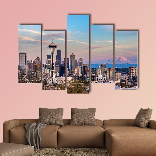 Seattle downtown skyline and Mt Rainier at sunset wall art