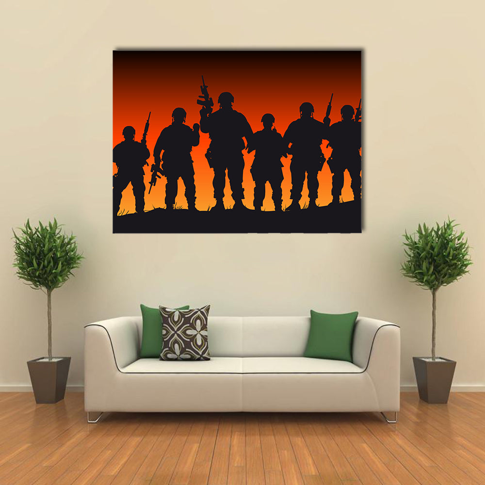 Silhouette Vector Presentation Of Soldiers Against The Sunset Multi Panel Canvas Wall Art